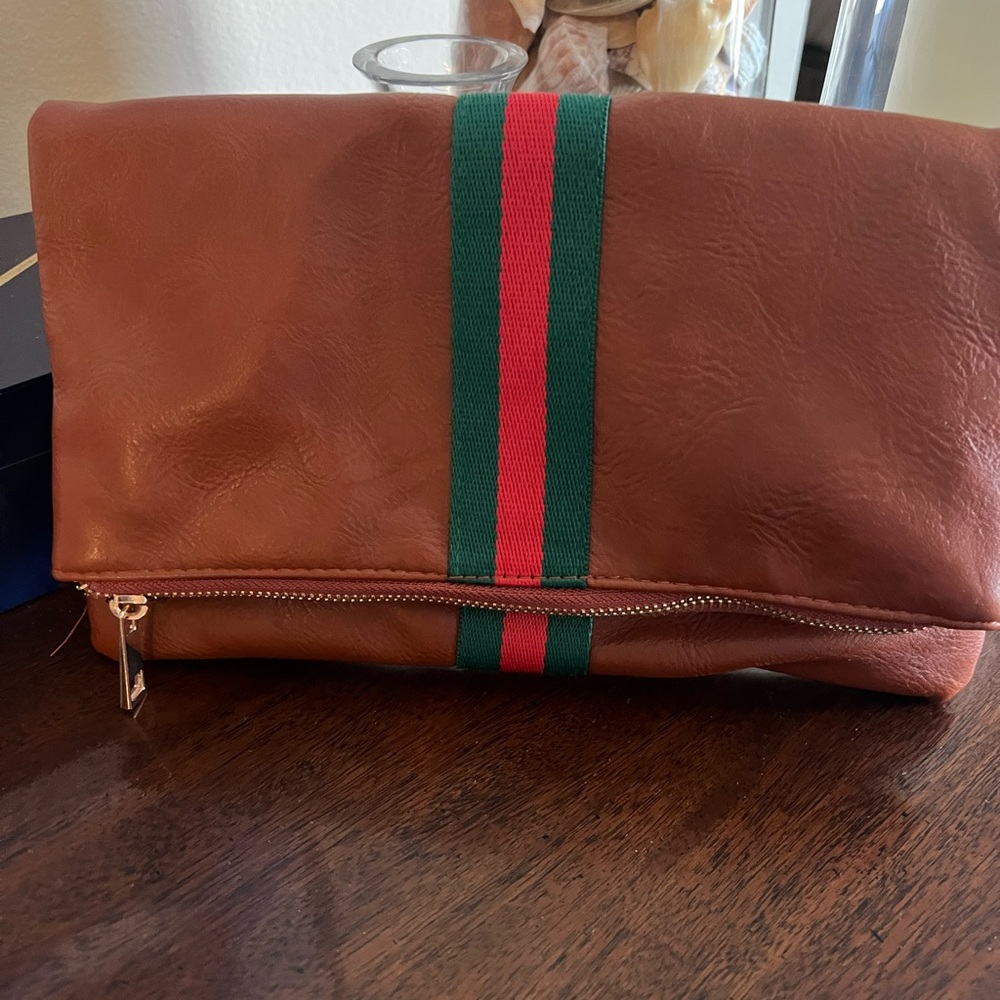 Brown Leather Foldover Snap Clutch with striking Green and Red Stripe